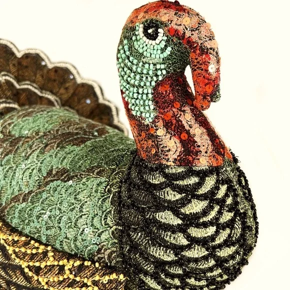 NEW John Derian X Target 2024 Beaded Plush Turkey Pillow Thanksgiving 16X15” - Picture 5 of 5